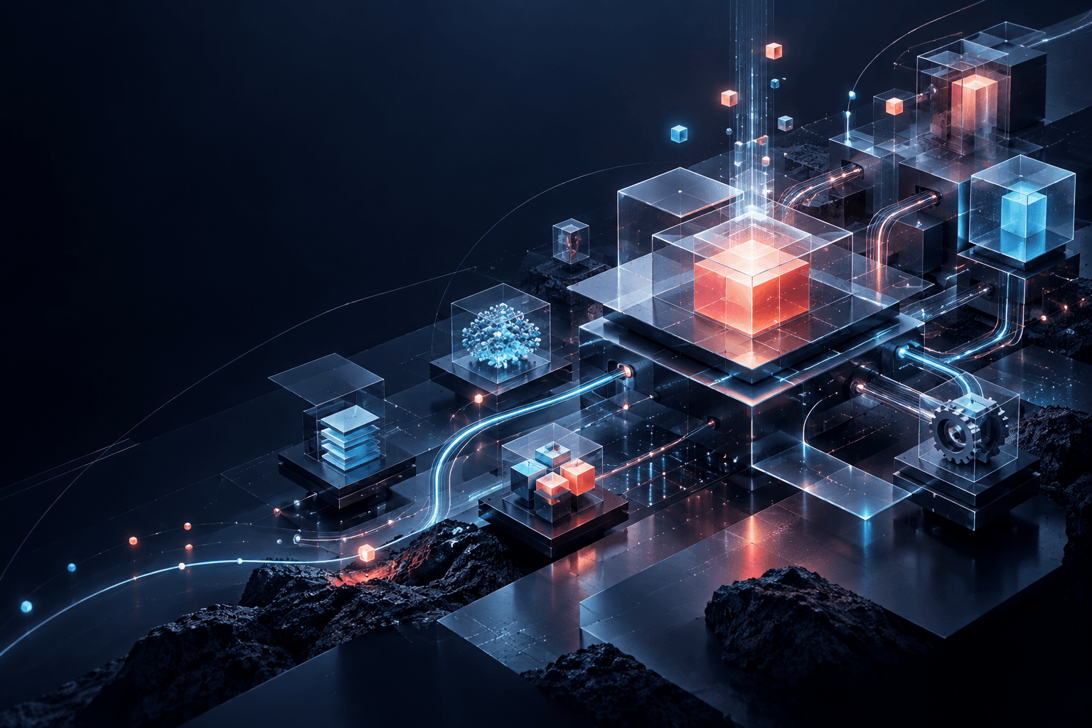 Abstract CodeWorksLabs artwork depicting connected systems and product architecture.